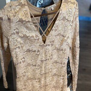 Charlotte Russe Gold/Beige Sheer Lace Sleeve Bodycon Dress | Size XL | Shimmery